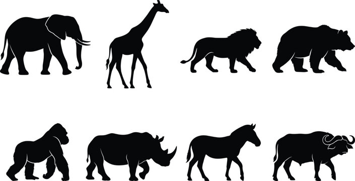 Wild animals vector silhouette icon set for safari nature conservation and educational graphic design projects