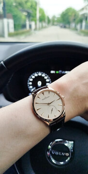 BANGKOK, THAILAND - APRIL 15 : Jaeger leCoultre Master Ultra Thin Collection with 18k gold case and alligator strap, round dial, small second, with ultra luxury gold precious case, in Bangkok, Thailan