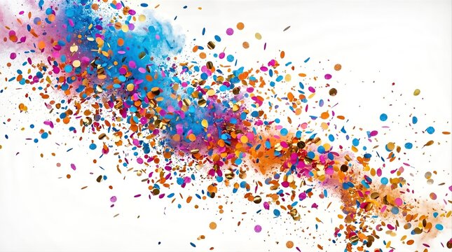 Vibrant Celebration Background with Exploding Colorful Confetti and Festive Powder on Crisp White Space for Party and Anniversary
