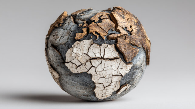 Cracked Earth globe sculpture vividly represents global climate crisis and environmental destruction. Severe drought and desertification transform planet surface. Parched continents convey