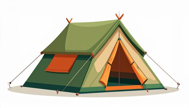 Illustration of a green tent with orange accents in a serene outdoor setting.