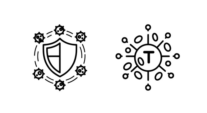 Immune system protection and t-cell icons set with t cell