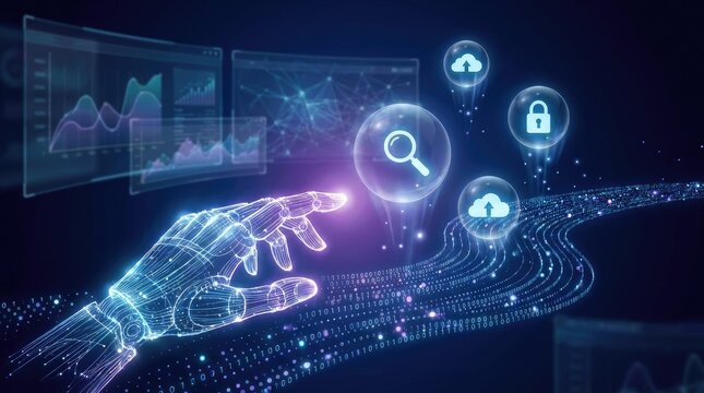 A glowing, futuristic hand reaches out towards a digital data stream composed of binary code and abstract data visualizations.