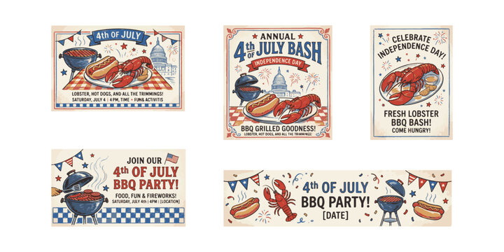 Annual USA Independence Day BBQ bash posters, retro hand drawn typography and grilled food