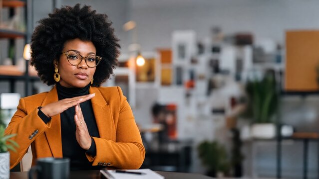 Generative AI, Assertive Black Businesswoman Making Timeout Gesture at Creative Office Desk