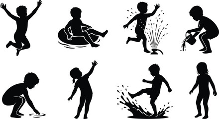 Children Playing with Water Silhouette Set, Kids Splashing Jumping Summer Fun Vector Illustration