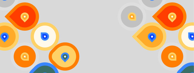 Naklejka premium Abstract circles, varying sizes, orange, blue, gray tones. Location pins inside some shapes suggest mapping, points interest. Simple design.