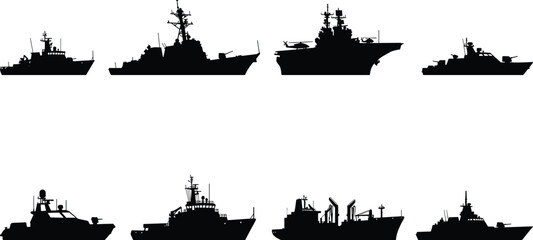 Naval Ship Silhouette Set, Military Vessels Destroyer Aircraft Carrier and Patrol Boat Vector Collection © Farzana
