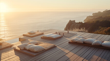 Naklejka premium Oceanfront meditation deck with cushions at sunset overlooking coastal cliffs