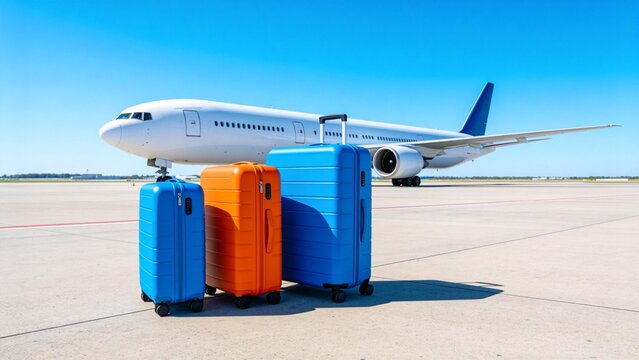 Airplane and suitcases on tarmac