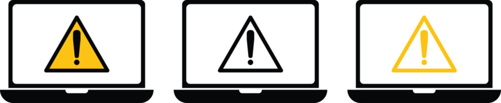 Laptop with Exclamation Mark Warning Icon Set for Computer System Error and Tech Support Vector