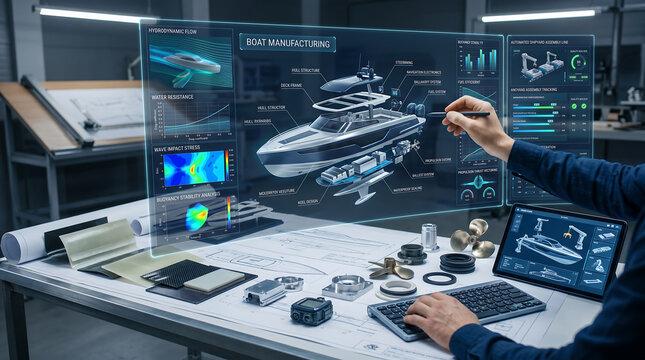 Engineer using augmented reality interface to design a modern yacht in a hightech manufacturing workshop with 3d models and technical data visualization