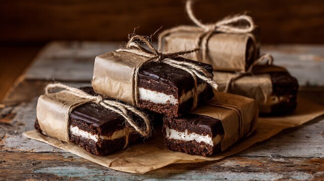 Stack of chocolate brownie ice cream sandwiches wrapped in brown paper and tied with twine