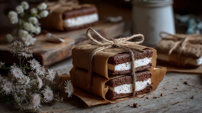Homemade chocolate brownie ice cream sandwiches wrapped in brown craft paper with twine on rustic wood