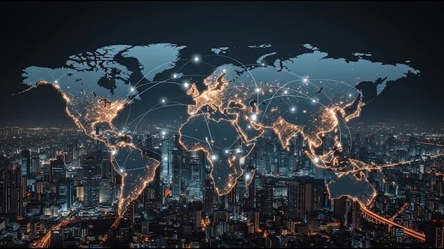 Smart Innovation city with connection cyber security network reciprocity over the cityscape . future wireless digital city and social media networking systems that connects people with in the city