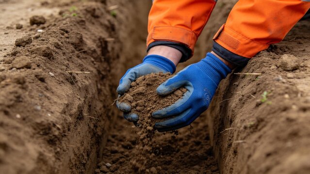 Person handling soil in a trench