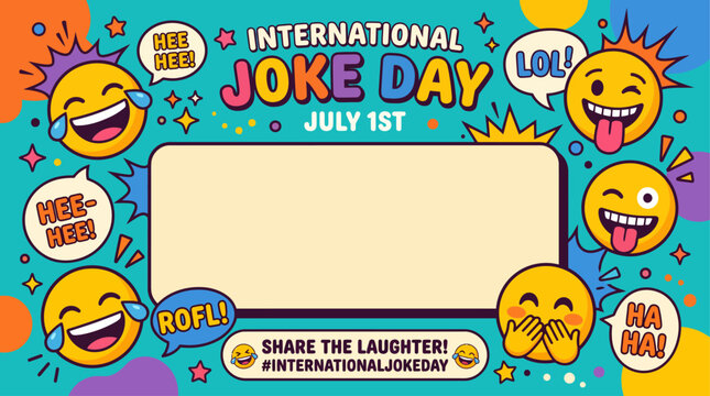 International Joke Day celebration background with laughing emojis and comic style speech bubbles for humorous social media posts