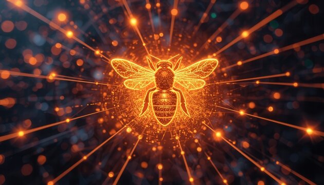 Digital Bee Swarm: A glowing, stylized bee made of light particles emanates energy, surrounded by a digital swarm of interconnected lines and glowing orbs, symbolizing technology and nature's fusion.