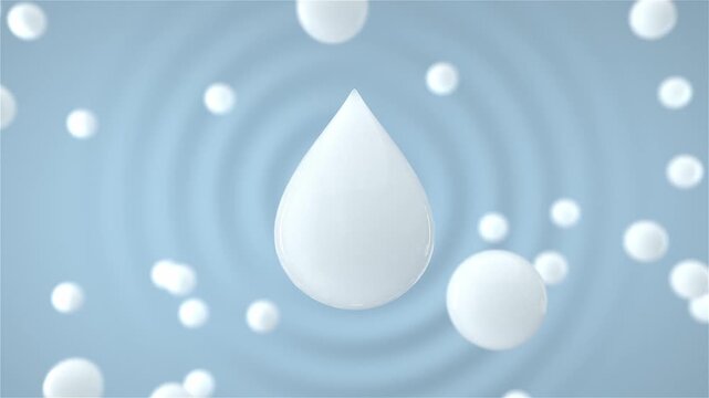 Milk molecule, milk drops falling in milk liquid with splashing milk crown, milky milk bubbles merging, absorption of milk and nutrition for dairy products, cosmetics and food containing milk, 3D.