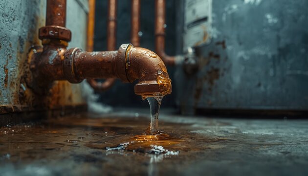 Leaking Copper Pipe in Basement: A rusty copper pipe drips water onto the concrete floor of a dimly lit basement, highlighting a plumbing issue and potential water damage.