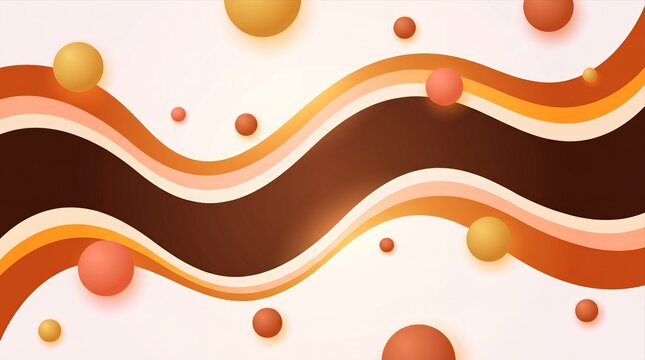 Abstract background with elegant flowing fluid waves and floating spheres in warm terra cotta orange and brown tones