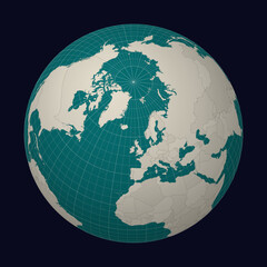 Fototapeta premium Faroe Islands on the map. Globe centered to Faeroe Islands. Country location on the world map. Teal Pale Mint color palette. Globe with countries, meridians and parallels.