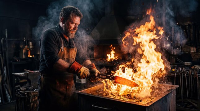Professional bladesmith quenching a glowing hot steel knife blade in flames