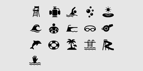 Icon set collection of water safety and recreation icons featuring a lifeguard stand, pump, swimming pool, whistle, lifebuoy, and a palm island. © Raka Firdaus 