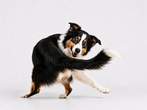 Playful dog mid-motion chasing its own fluffy tail excitedly