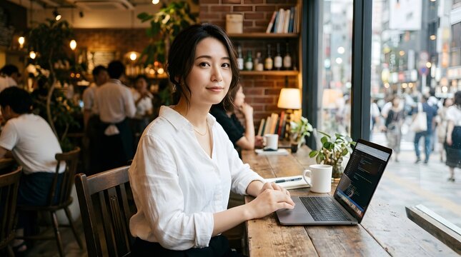 Young Asian woman working on a laptop at a counter table in a cozy street cafe, Generative AI
