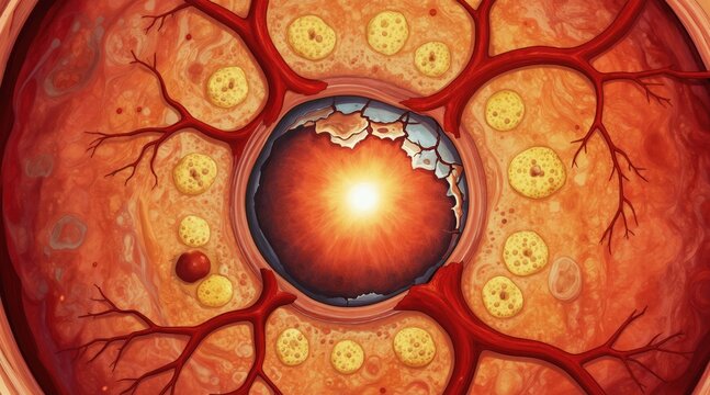 Macula in eye affected by macular degeneration. Blood vessels near drusen deposits. Central vision loss concept. Retinal cells damaged, abstract view. Medical research, sight science.