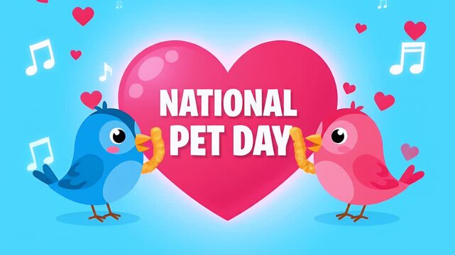 National pet day celebration with cute singing birds and a pink heart graphic for social media