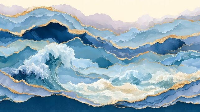 金箔で縁取られた青い波と海の高級感あるペーパーアート背景