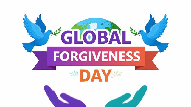 Global forgiveness day animation with earth globe and doves of peace for international celebration