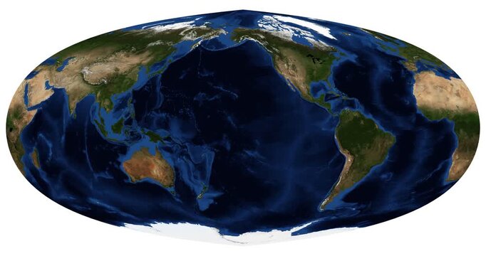 World Map in Foucaut sinusoidal projection. Detailed physical map with longitude shift rotation animation. June View. Elements of this video furnished by NASA.