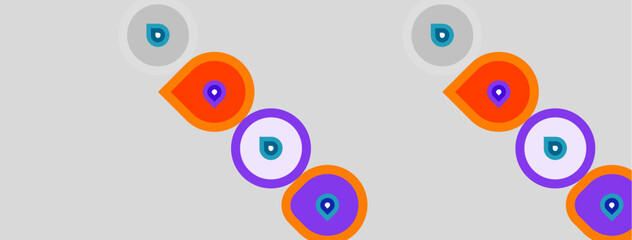 Naklejka premium Circles, orange and purple, overlap. Small blue dots mark center points within shapes. Minimalist design, light gray background.