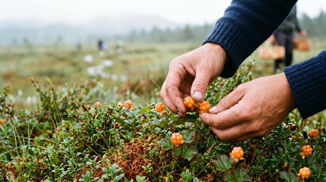 Close-up of hands picking ripe orange cloudberries in a wild Nordic bog.