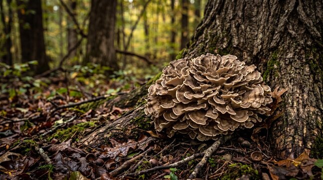 Wild maitake hen of the woods mushroom growing at the base of a forest tree