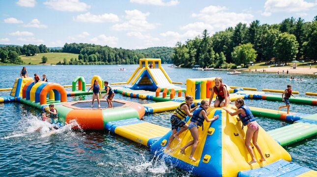 Happy children playing on floating inflatable obstacle course in a sunny lake