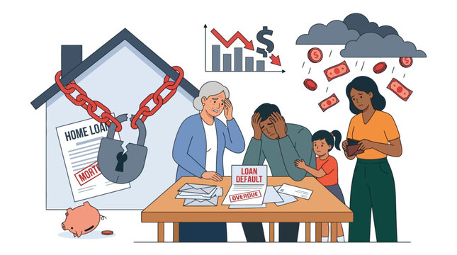 Stressed family facing home foreclosure and financial crisis illustration. EPS Editable. Vector Illustrations.