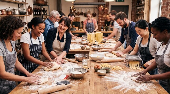 Happy diverse friends making fresh pasta together in a cooking class workshop