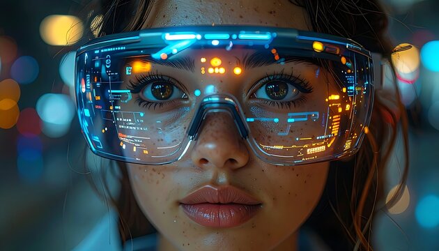 A woman wearing futuristic glasses with glowing blue circuits