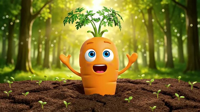 Carrot character emerging from soil in a sunny forest with happy expressions and joyful gestures