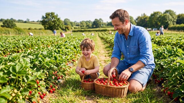 Happy father and young son picking fresh strawberries on a sunny u-pick farm