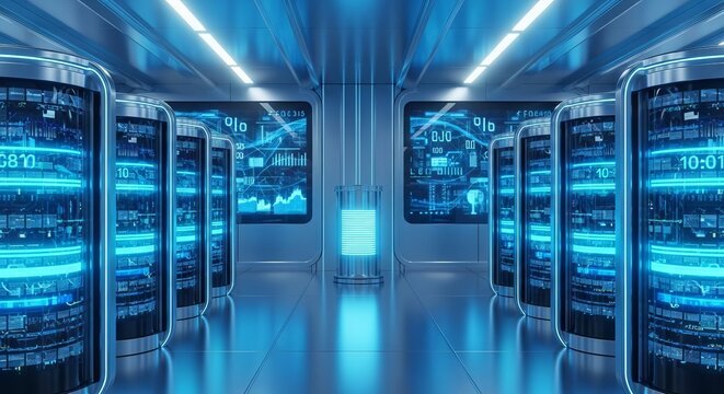 Immaculate futuristic server room with glowing azure lights, sleek metallic finishes, and a serene, premium digital environment for storage, clean, center, minimalist