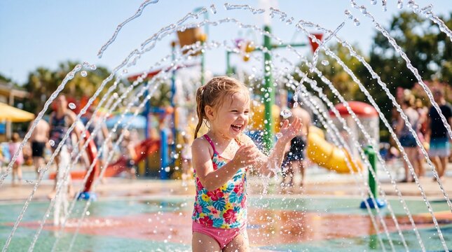 Joyful little girl laughing and playing with water sprays at a splash park