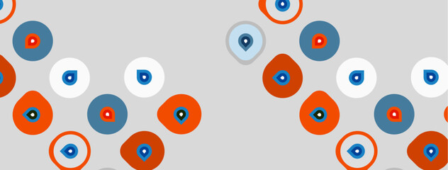 Fototapeta premium Pattern features eyes, circles, dots. Blue, orange, gray colors dominate design. Simple shapes create abstract visual texture.