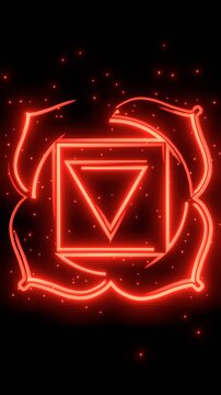 Muladhara icon glowing with energy and particles. Chakra radiating red light energy.