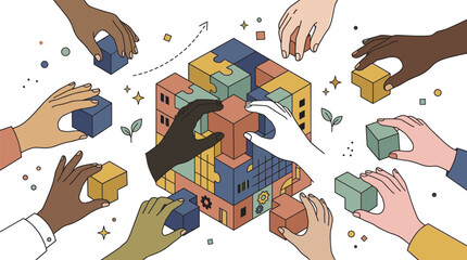 Many diverse multicultural hands building a large colorful isometric puzzle cube representing business strategy planning collaboration teamwork and complex problem solving vector illustration © Sujon Shah
