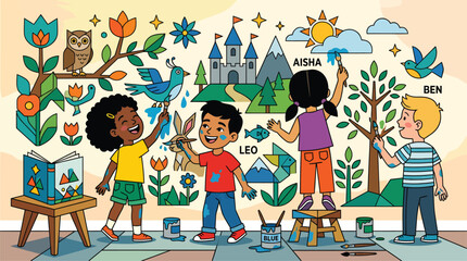 Children painting a colorful mural on a wall with various nature and fantasy elements. © Yuhu